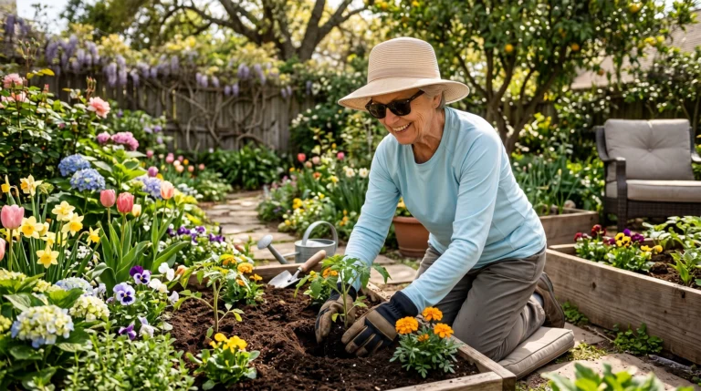 Older woman gardening outdoors in a sunny backyard while wearing sun-protective clothing, gloves, sunglasses, and a wide-brim hat.