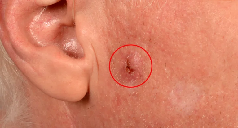 Crusted lesion near the ear circled to show a skin cancer warning sign