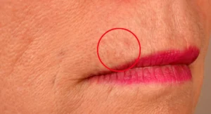 Faint marks near the corner of the lip circled to show a subtle skin cancer warning sign