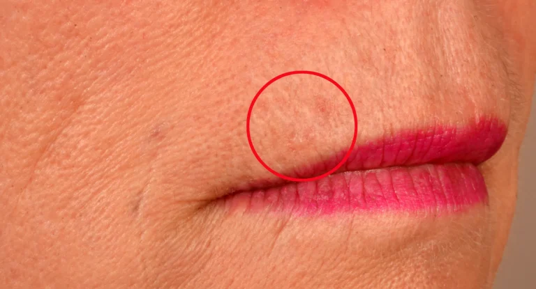 Faint marks near the corner of the lip circled to show a subtle skin cancer warning sign
