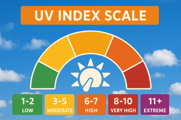 Color-coded UV Index scale chart against a blue sky with clouds, showing five levels: 1–2 Low (green), 3–5 Moderate (yellow), 6–7 High (orange), 8–10 Very High (red), and 11+ Extreme (purple), with a sun icon at the center.