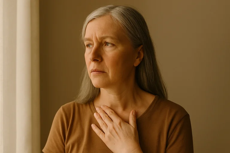 Middle-aged woman looking out window with concern, gently touching her chest, representing awareness of possible skin changes.