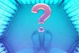 Abstract medical illustration showing a person standing under blue light therapy with a glowing question mark above their feet, symbolizing uncertainty or questions about skin cancer detection and treatment options.