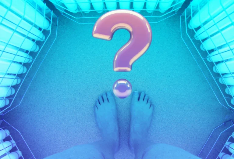 Abstract medical illustration showing a person standing under blue light therapy with a glowing question mark above their feet, symbolizing uncertainty or questions about skin cancer detection and treatment options.