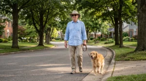 Older man wearing sun-protective clothing while walking a dog on a tree-lined neighborhood street.