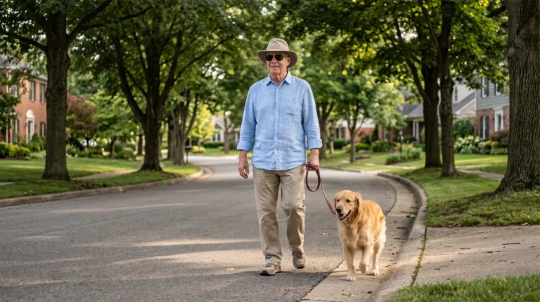 Older man wearing sun-protective clothing while walking a dog on a tree-lined neighborhood street.