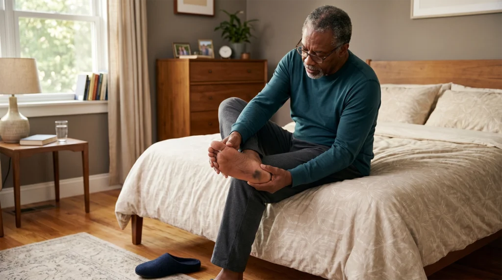 Older Black man checking the sole of his foot for an unusual dark spot while seated indoors.