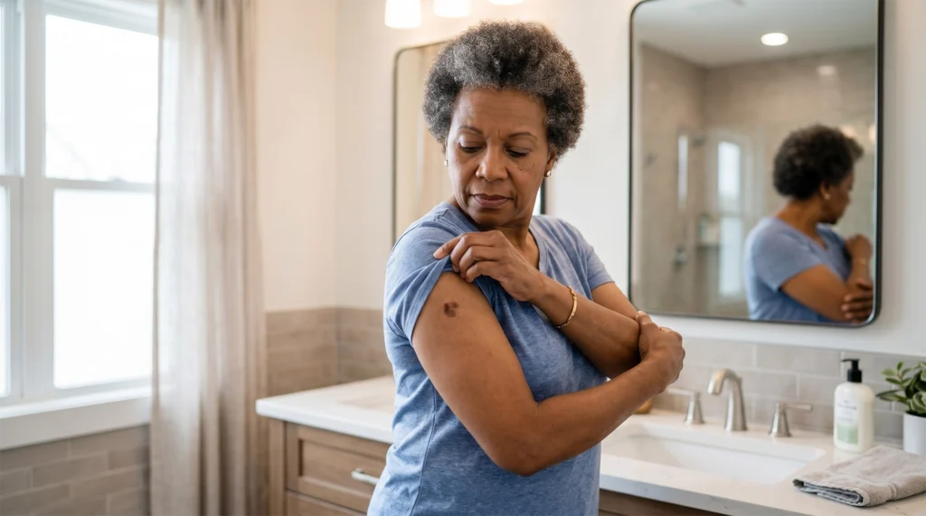 Older Black woman checking a dark spot on her upper arm during a skin self-exam at home.
