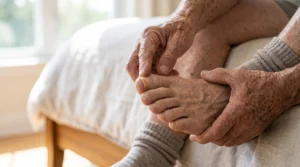 Older adult checking the toes and toenails for unusual skin or nail changes.
