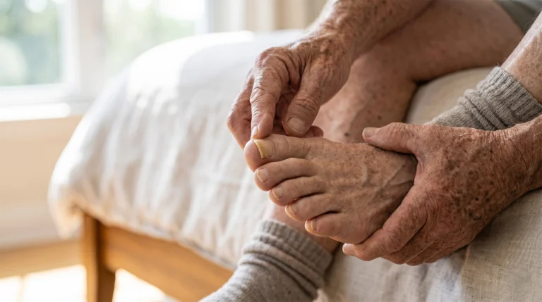 Older adult checking the toes and toenails for unusual skin or nail changes.