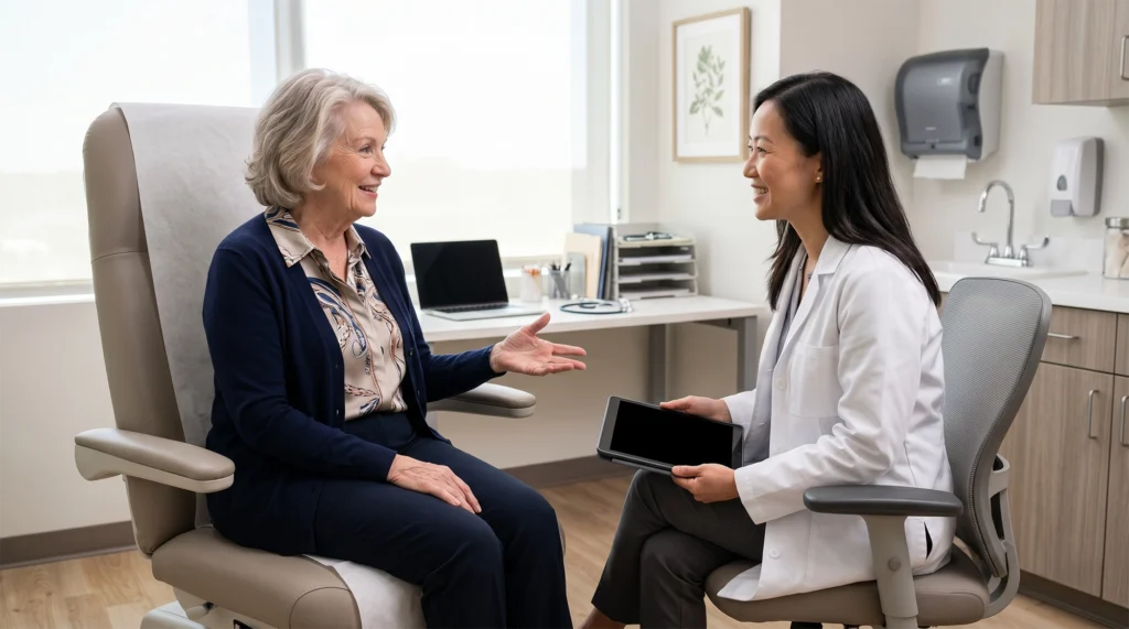 Older woman discussing skin cancer recurrence follow-up care with a dermatologist in an exam room.