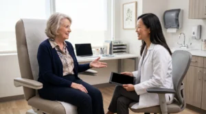 Older woman discussing skin cancer recurrence follow-up care with a dermatologist in an exam room.