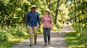 Older couple wearing sun-protective clothing and hats while walking outdoors in filtered sunlight.