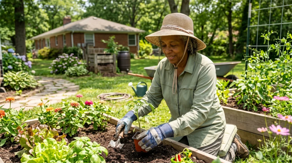Older woman gardening in sun-protective clothing, gloves, and a wide-brim hat.