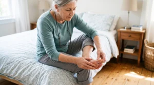 Older woman seated on a bed checking the toes and skin on her bare foot for unusual changes.