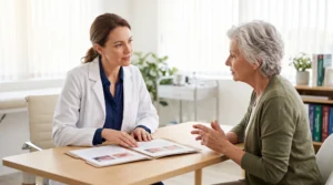 Dermatologist discussing low-risk and high-risk skin cancer factors with an older patient during a consultation.