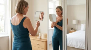 Immunosuppressed woman using handheld and full-length mirrors to check her shoulder and back for new or changing skin spots.