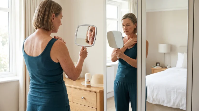 Immunosuppressed woman using handheld and full-length mirrors to check her shoulder and back for new or changing skin spots.