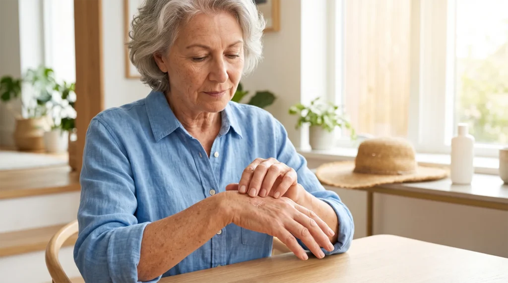 Older woman examining a rough, scaly spot on the back of her hand for possible actinic keratosis or skin cancer.