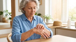 Older woman examining a rough, scaly spot on the back of her hand for possible actinic keratosis or skin cancer.