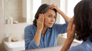 Woman examining a red, irritated spot along her temple and hairline while looking in a mirror.