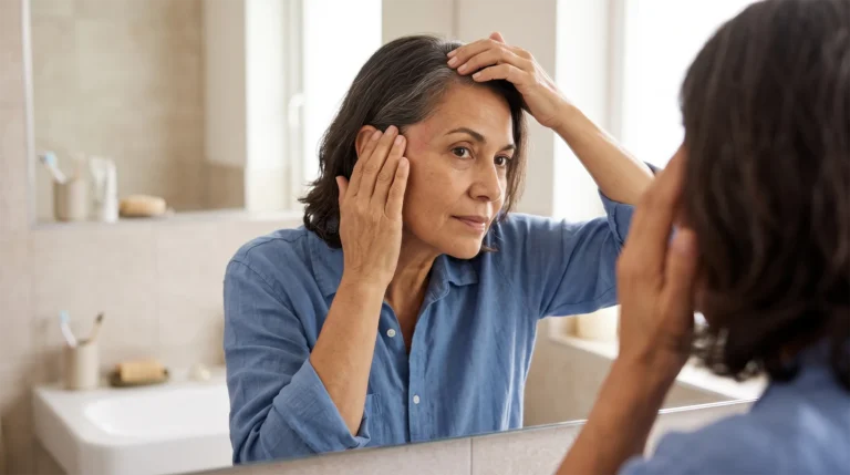 Woman examining a red, irritated spot along her temple and hairline while looking in a mirror.