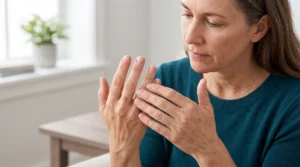 Woman examining rough, irritated spots on the back of her hand for possible signs of skin cancer.