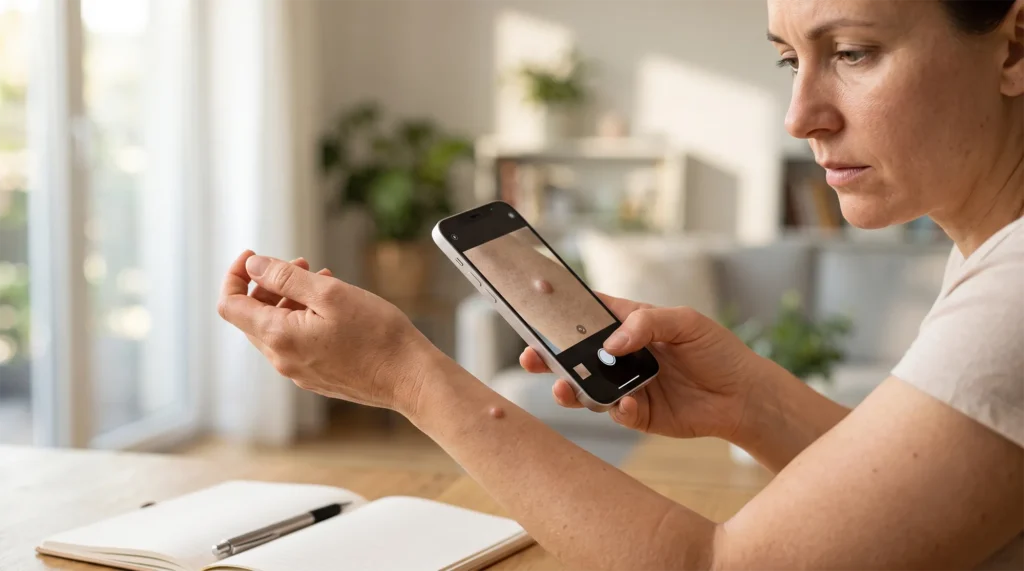 Woman using a smartphone to photograph a raised bump on her forearm for closer monitoring.