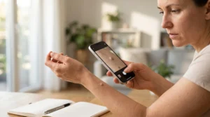 Woman using a smartphone to photograph a raised bump on her forearm for closer monitoring.